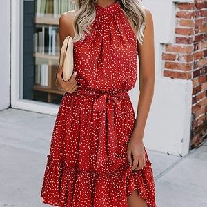 Casual Summer Sleeveless Sundress, Belt, Polkadot